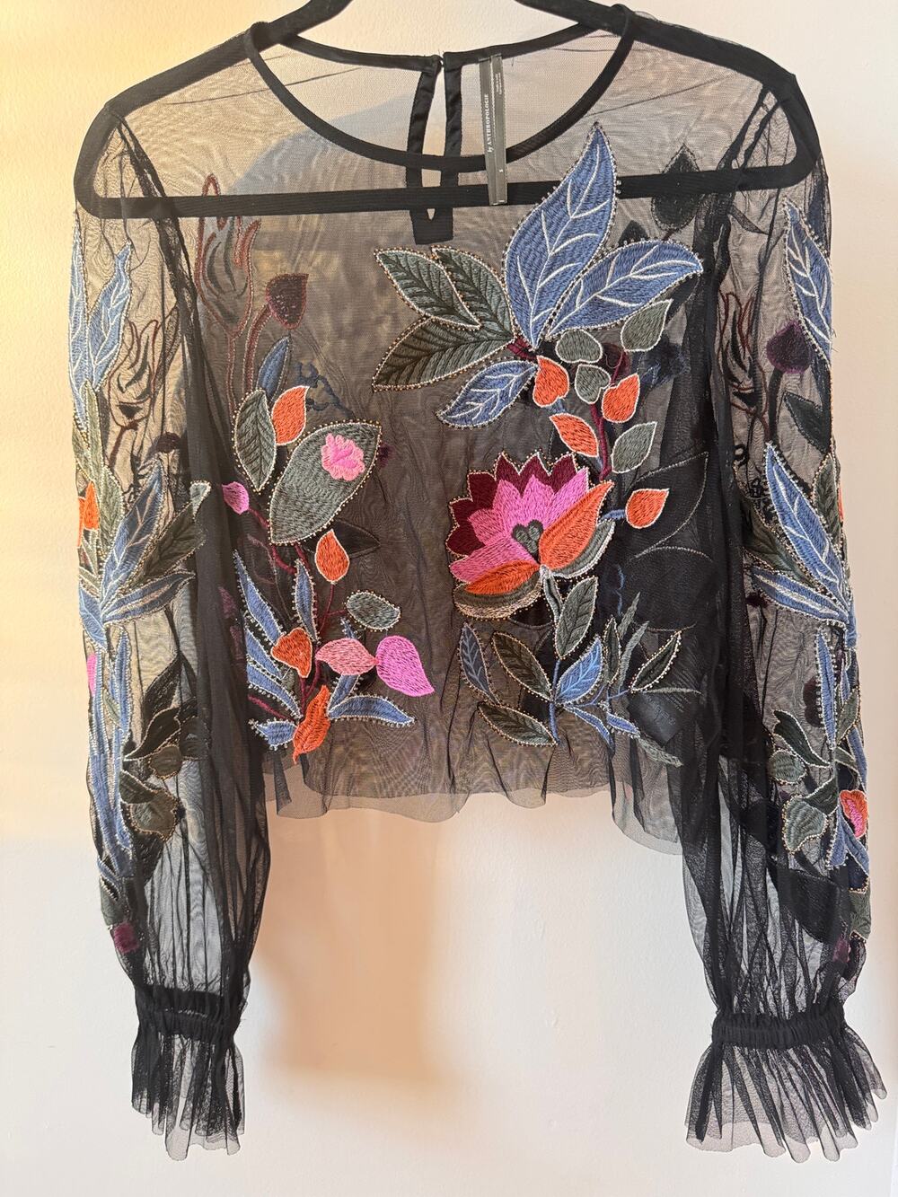 By Anthropologie Black Mesh Floral Embroidered Long Sleeve Top Blouse Size S